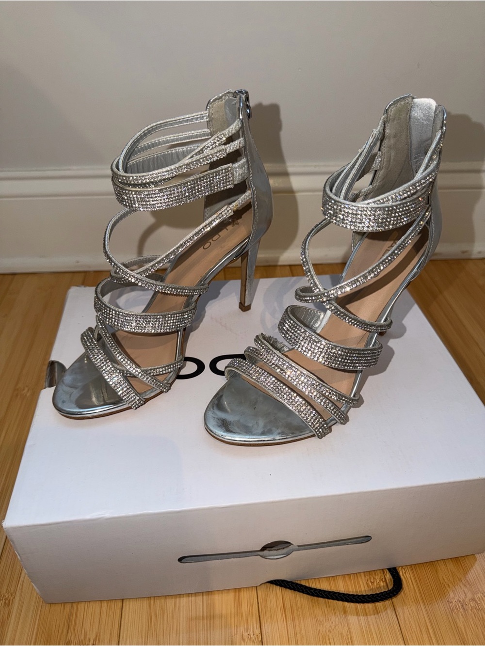Aldo Silver Strappy Rhinestone Evening Heels - Women's